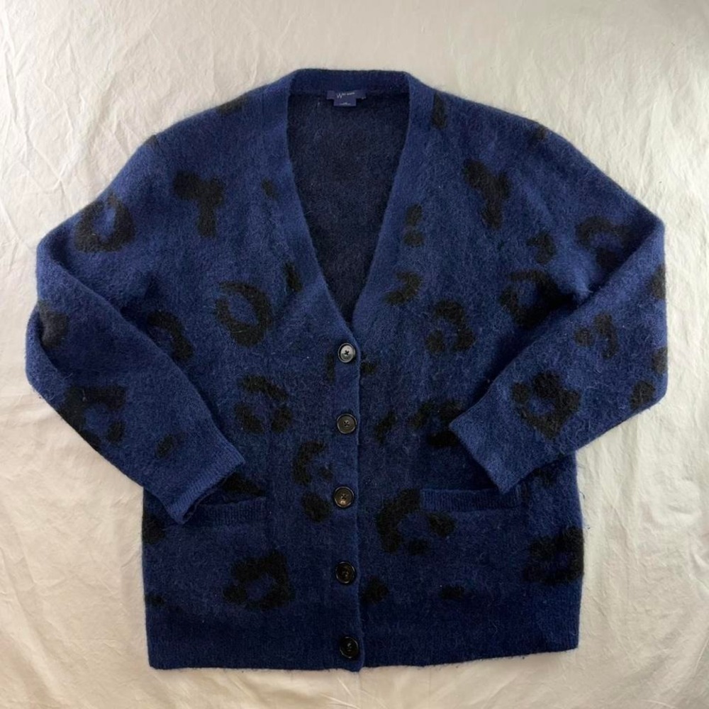 Leopard Print Mohair Blend Cardigan Womens L Quiet Luxury Preppy Cozy